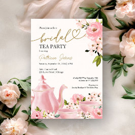 Convites Blush Dourado Floral Chá de panela Tea Party