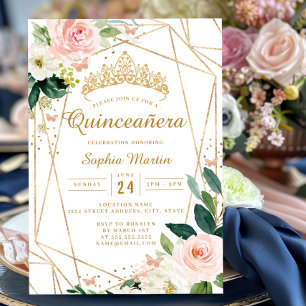Convites Blush Dourado Floral Geométrico Borboleta Quincean