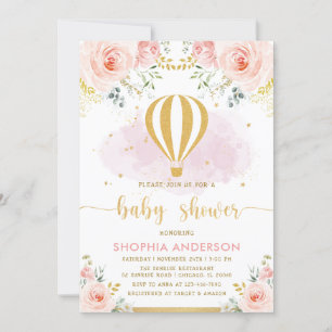 Convites Blush Dourado Floral Hot Air Balloon Chá de fralda