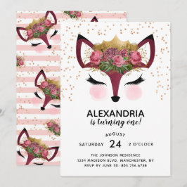 Convites Blush & Dourado Fox Princess Birday