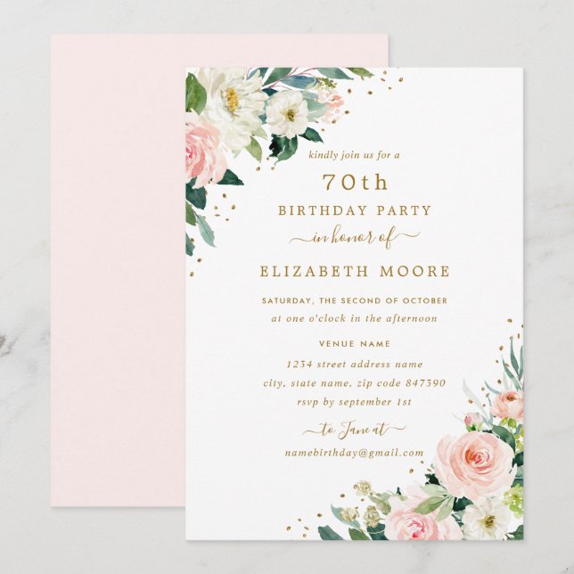 Convites Blush Dourado para Flores de Aniversário de 70 Ano (Frente/Verso)