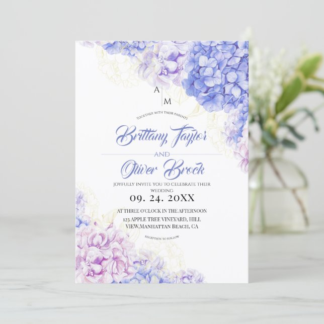Convites Blush Dusty and Navy Blue Hydrangea Wedding  (Em pé/Frente)