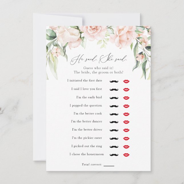 Convites Blush e Greenery Ele disse, ela disse jogo de Chá (Frente)