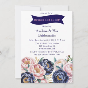Convites Blush e Marinho Blue Peony Brunch e Bubble