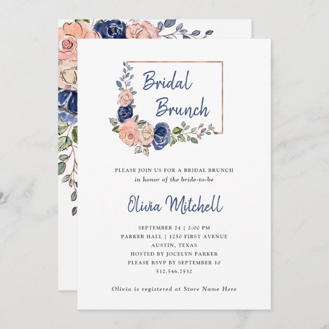 Convites Blush e Marinho - Geométrico| Bridal Brunch (Frente/Verso)