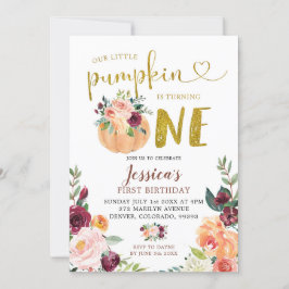 Convites Blush e Marsala Pumpkin Floral Primeiro Aniversári