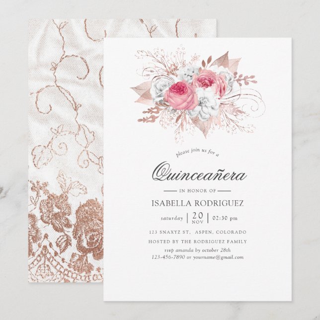 Convites Blush e Rosa Dourado Floral e Renda Quinceañera (Frente/Verso)