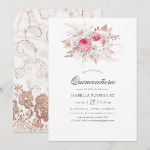 Convites Blush e Rosa Dourado Floral e Renda Quinceañera