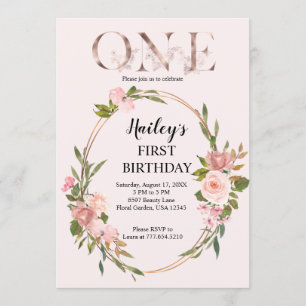 Convites Blush e Rosa Dourado Floral Primeiro Aniversário