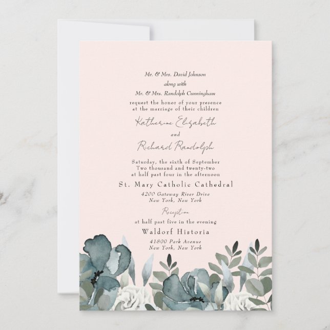 Convites Blush Elegante Dusty Blue Floral Casamento (Frente)