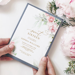 Convites Blush & Eucalyptus Floral Sweet 16 Aniversário