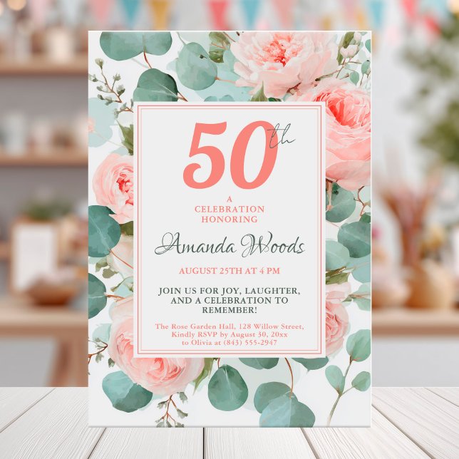 Convites Blush floral 50º aniversário com rosas e verde (Criador carregado)