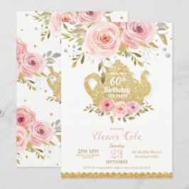 Convites Blush Floral 60º aniversário do Tea Party High Tea