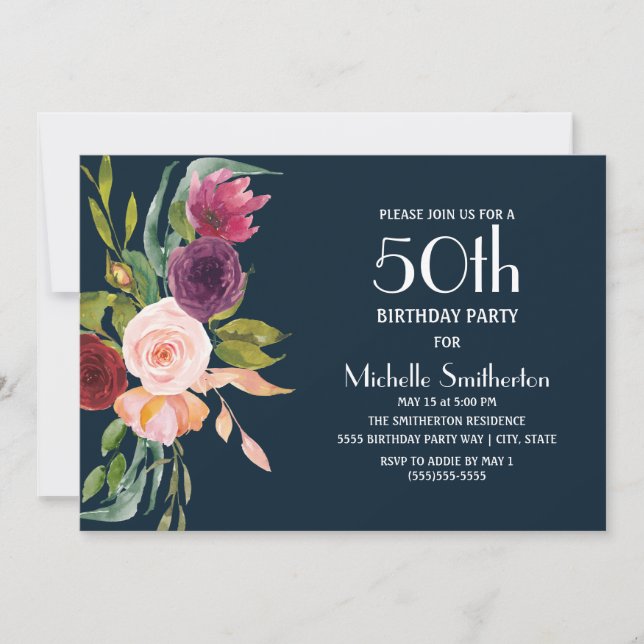 Convites Blush Floral Azul Borgonha 50º Aniversário (Frente)
