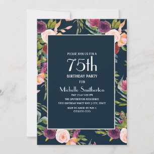 Convites Blush Floral Azul Borgonha Aniversário de 75 anos