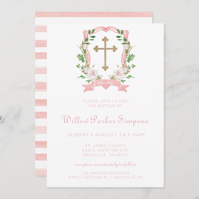 Convites Blush Floral Baptism (Frente/Verso)