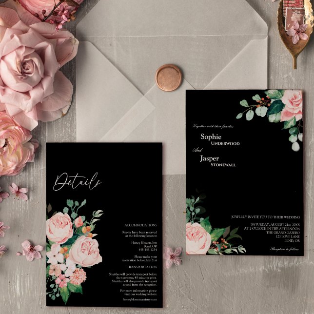 Convites Blush Floral Black Detalhes Todos Em Um Casamento (Criador carregado)