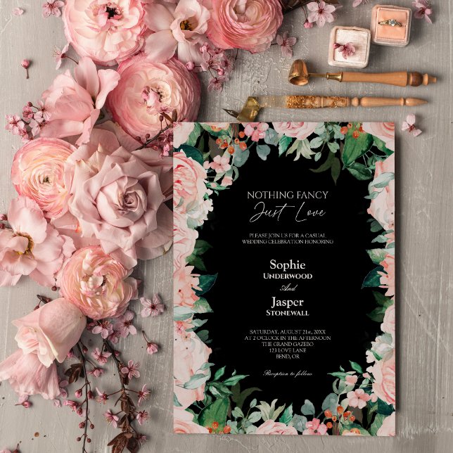 Convites Blush Floral Black Simple Nada Casamento de Rico (Criador carregado)