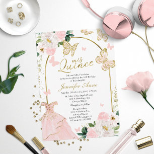 Convites Blush Floral Borboleta Enfeitiçada Quinceanera