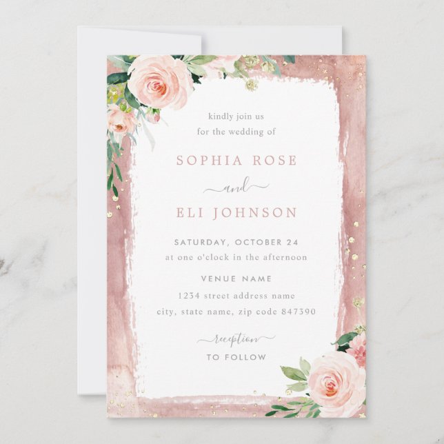 Convites Blush Floral & Border Elegant Casamento Encantado (Frente)