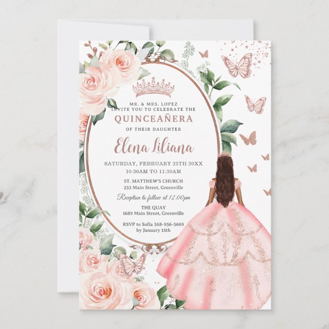 Convites Blush Floral Brown Princess Rosa Dourada Quinceañe (Frente)