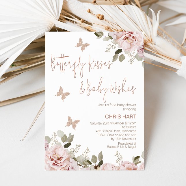 Convites Blush Floral Butterfly Chá de fraldas Kisses (Blush Boho Floral Butterfly Kisses and Baby Wishes Baby Shower Invitation Template, Bohemian)