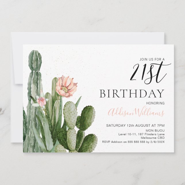 Convites Blush Floral Cactus Succult aniversário de 21 anos (Frente)