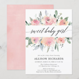 Convites Blush floral caligrafia elegante chá de fraldas