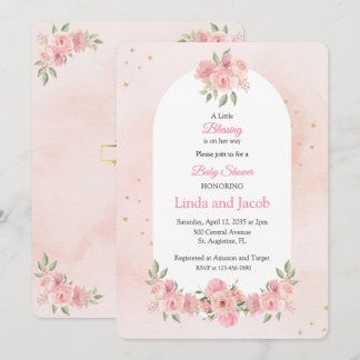 Convites Blush Floral Christian Baby Shower with Gold Cross