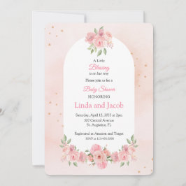 Convites Blush Floral Christian Baby Shower with Gold Cross