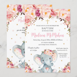 Convites Blush Floral Cute Elephant Christening