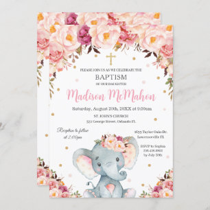 Convites Blush Floral Cute Elephant Christening