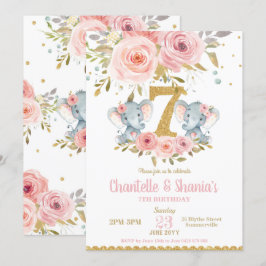 Convites Blush Floral Cute Elephant Twin Girls 7 Aniversári
