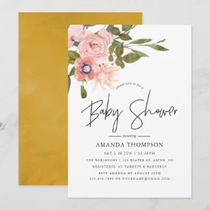 Convites Blush floral de aquarela e Chá de fraldas Dourado