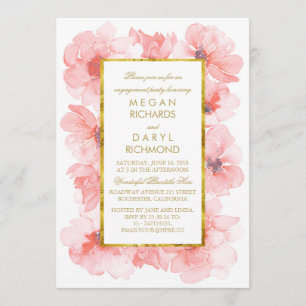 Convites Blush Floral de Aquarela e Festa de noivado Dourad