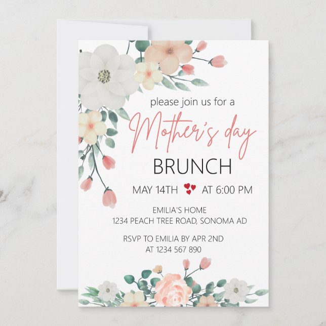 Convites Blush Floral dia de as mães Brunch (Frente)