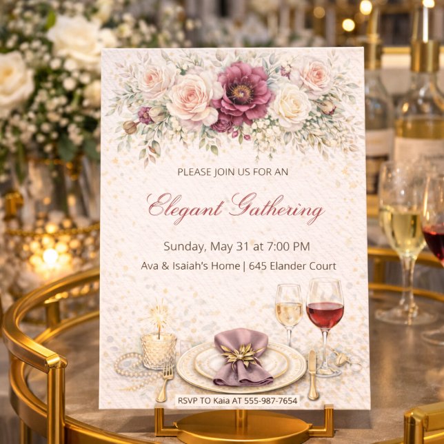 Convites Blush Floral Dinner Party Invitation (Blush floral dinner setting with gold detail and soft rose table styling)