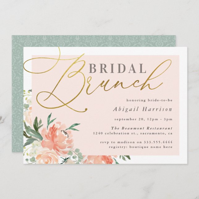 Convites Blush Floral Dourado Bridal Brunch (Frente/Verso)