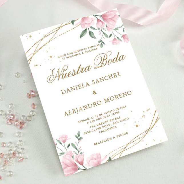 Convites Blush Floral Dourado Nuestra Boda Casamento Espanh (Criador carregado)