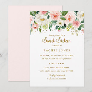 Convites Blush Floral Dourado Sweet Sixteen