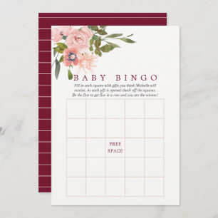 Convites Blush Floral e Burgundy Chá de fraldas Baby Bingo
