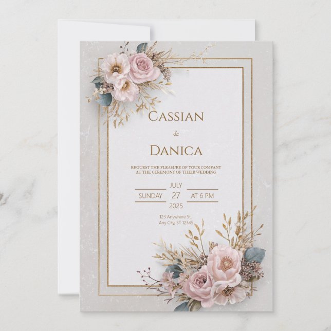 Convites Blush Floral e Dourado Casamento de Quadros (Frente)