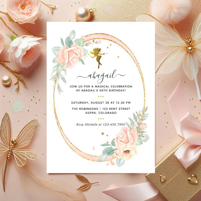Convites Blush Floral e Festa de aniversário Dourada, de as (Fairy-Themed Floral Gold Birthday Party Photo Invitation)