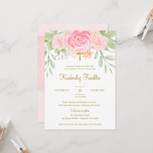 Convites Blush Floral e Gold Foil Girls Comunhão do Batismo