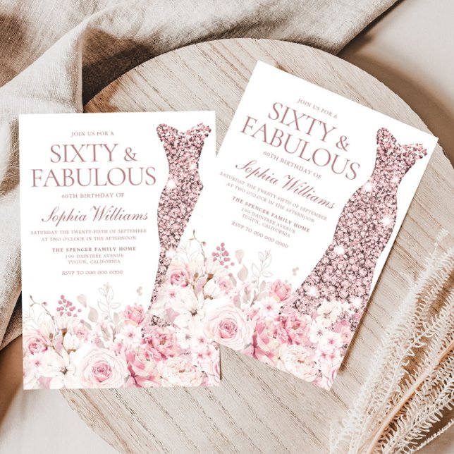 Convites Blush Floral e Rosa Dourado Vestido 60ª Festa de a (Criador carregado)
