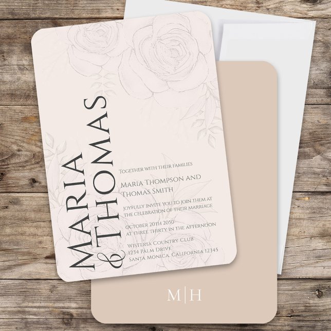 Convites Blush Floral Elegant Wedding Personalizado (Modern style typography wedding invitation with classic blush floral background, )