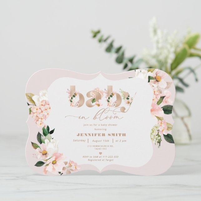 Convites Blush floral elegante bebê em chá de fraldas flora (Em pé/Frente)