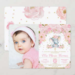 Convites Blush Floral Elephant Baptism Girl Foto
