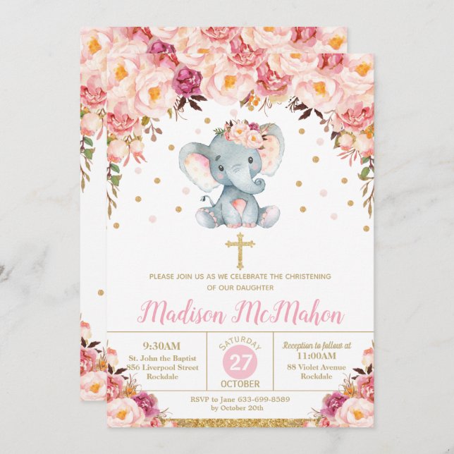 Convites Blush Floral Elephant Christening Baptism Girl (Frente/Verso)