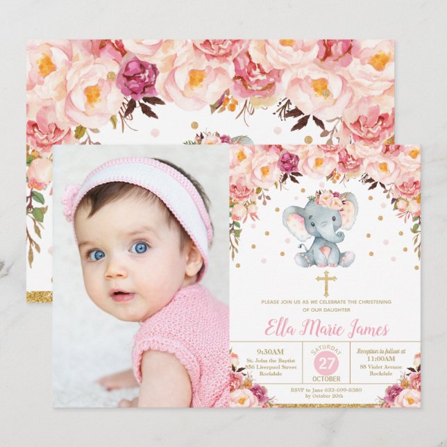 Convites Blush Floral Elephant Christening Foto do Batismo (Frente/Verso)